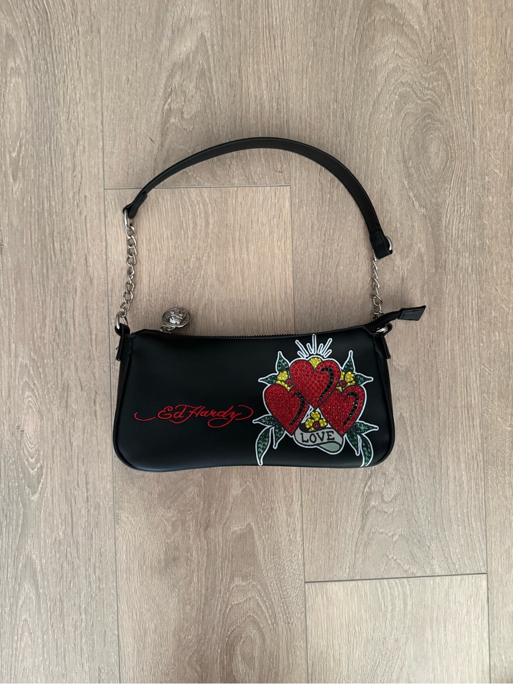 Ed Hardy Black Shoulder Bag with Red Heart Motif
